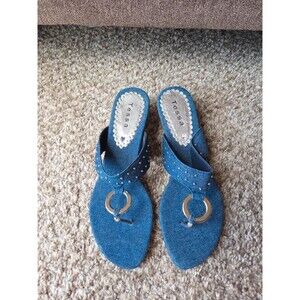 Y2k Tessa denim jean silver ring sandals flip flop kitten heel wedges